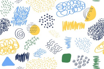 Wall Mural - Vector seamless illustration. Hand drawn doodle color elements. Cartoon flat style. Memphis pattern. Design for gift card, print, poster, banner, flyer, website. Graphic shapes collection. Pop art