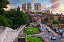 The City Of York, Its Medieval Wall And The York Minster At Sunset