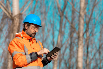 Forestry technician using digital tablet computer in forest