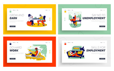 Wall Mural - Freelance Self-employed Occupation Landing Page Template Set. Relaxed Freelancers Characters Work Distant on Laptop and Pc from Home, Resort Beach, Remote Workplace. Linear Vector People Illustration