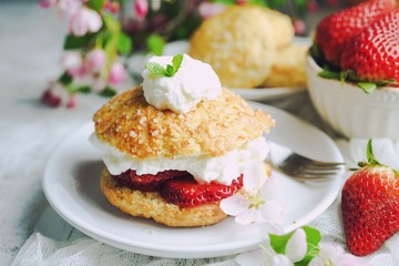 Poster - Homemade Strawberry shortcake with stuffed cream topping, selective focus