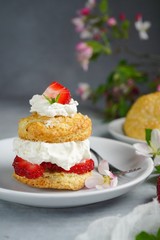 Poster - Homemade Strawberry shortcake with stuffed cream topping, selective focus