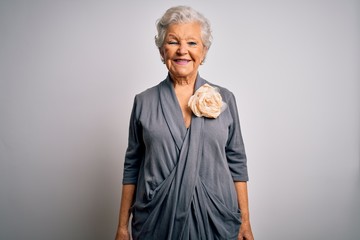 Senior beautiful grey-haired woman wearing casual dress standing over white background with a happy and cool smile on face. Lucky person.