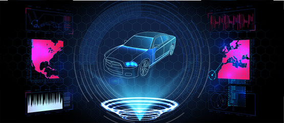 Poster - Hologram auto, futuristic polygonal model auto. 3D isometric image of a smart or intelligent car.  Smart auto ai hud. Driverless car working modes vector illustration.