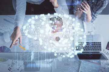 Aufkleber - Double exposure of man and woman working together and human brain hologram drawing. Brainstorm concept. Computer background. Top View.