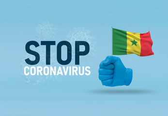 COVID-19 Visual concept - hand-text Stop Coronavirus, hand-gesture versus virus infection, clenched fist holds flag of Senegal. Pandemic 3D illustration.