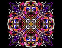 Colorful Powerful Glowing Abstract Flame Mandala Flower. Psychedelic Ornamental Floral Pattern On Black Background.