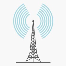 Telecommunications Signal Transmitter. Vector Illustration Icon Of A Radio Tower Silhouette. Telecommunications And Broadcasting Industry Concept Icon.