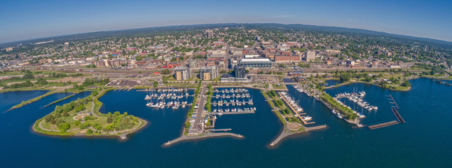 aerial view of thunder bay, ontario on lake superior in summer