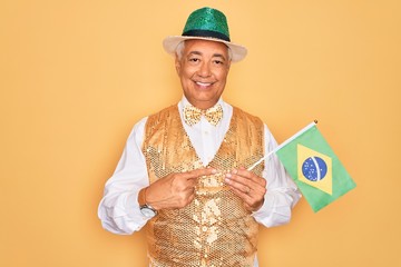 Sticker - Middle age senior grey-haired man wearing Brazilian carnival custome holding Brazil flag very happy pointing with hand and finger