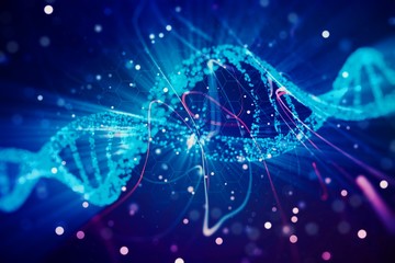 Aufkleber - Glowing DNA symbol on abstract blue background, closeup. 3D Rendering