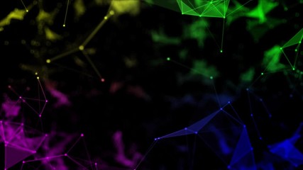 Poster - Pink blue yellow green wavy template with colored lines and dots on dark background. Slow motion, shallow depth of field