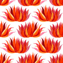Seamless Pattern Watercolor Orange Fire Flower Lotus On White Background Creative Hand-drawn Wrapping Textile