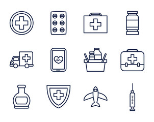 medicine and coronavirus icon set, neon style