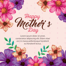 Flowers With Leaves Over Pointed Background Design, Happy Mothers Day Love Relationship Decoration Celebration Greeting And Invitation Theme Vector Illustration
