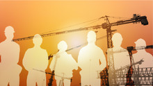 Multiexposure Construction Industrial Background Of Shadow Of Construction Project Engineers And Workers Overlay With Silhouette Construction Project Site Background