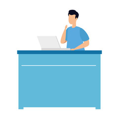 young man with laptop isolated icon vector illustration design