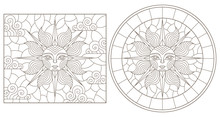 Set Contour Illustrations Of Stained Glass Sun With Face, Round And Square Image, Dark Outline On A White Background , Isolate