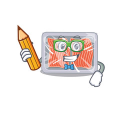 Wall Mural - A brainy student frozen salmon cartoon character with pencil and glasses