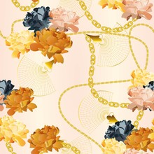 Golden, Yellow, Orange Roses On A Delicate Beige, Cream, Pink Satin Background. Gold Chains And Jewelry And Flowers. Seamless Vector Pattern For Fabric And Wallpaper
