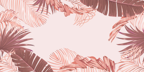 Rose gold summer Tropical palm leaves background vector.