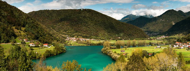Canvas Print - Wide Panorama Landscape. Most Na Soci in Slovenia. Outdoor Panoramic Image.Pristine Slovenia Landscape