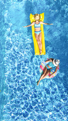 Wall Mural - Children in swimming pool aerial drone view fom above, happy kids swim on inflatable ring donut and mattress, active girls have fun in water on family vacation on holiday resort
