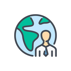 Poster - International employee color line icon. Person with planer earth vector outline colorful sign.