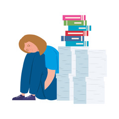 Wall Mural - woman sitting with stress attack and stack documents vector illustration design