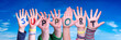 © Nelos - Children Hands Building Colorful English Word Support. Blue Sky As Background