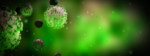 Poster - Microscopic close-up of the covid-19 disease. Coronavirus illness spreading in body cell. 2019-nCoV analysis on microscope level 3D rendering