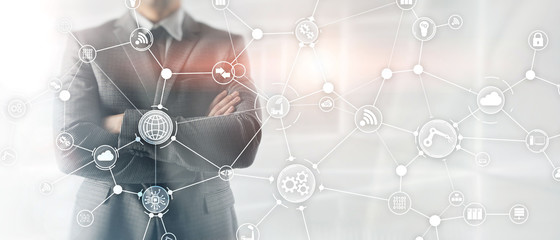 Wall Mural - technology industrial business process workflow organisation structure on virtual screen. iot smart 