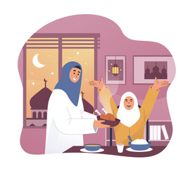 Wall Mural - Happy girl and her mother enjoying ramadan iftar meal