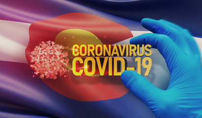 Coronavirus COVID-19 outbreak concept, background with flags of the states of USA. State of Colorado flag. Pandemic stop Novel Coronavirus outbreak covid-19 3D illustration.