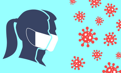 Man and Woman profile face silhouette in medical mask with virus cell in the air. Virus and flu protection, Coronavirus prevention and quarantine concept. Vector illustration.