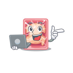 Sticker - Cartoon character of frozen chicken clever student studying with a laptop