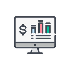 Poster - online financial statistics report color line icon. computer with finance report vector outline colo