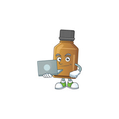 Poster - Diligent syrup cure bottle mascot design style working from home with laptop