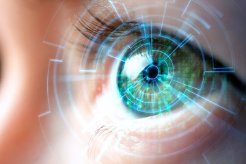 technology of future, hologram and woman's eye