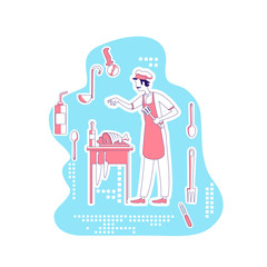 Poster - Chef thin line concept vector illustration. Male cook preparing meat, man wearing apron and cap 2D cartoon character for web design. Culinary, cooking, restaurant kitchen creative idea