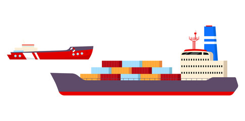 Poster - Freight ships flat color vector objects set. Industrial nautical vessels 2D isolated cartoon illustrations on white background. International cargo transportation, sea import, export business
