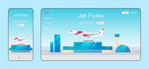 Poster - Jet fuels adaptive landing page flat color vector template. Airline company mobile and PC homepage layout. Airport one page website UI. Aircraft refueling station webpage cross platform design