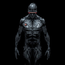 Cyberpunk Android Portrait / 3D Illustration Of Male Science Fiction Humanoid Robot Wearing Futuristic Glasses Isolated On Black Background