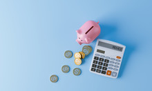 Calculator, Gold Coins And Piggy Bank. Concept Of Financial Crisis. Advice Or Protection Of Money Savings. 3d Rendering. 