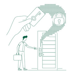 Poster - Keycard scan system thin line concept vector illustration. Man with electronic key, person opening door 2D cartoon character for web design. Hotel safety service, keyless lock creative idea