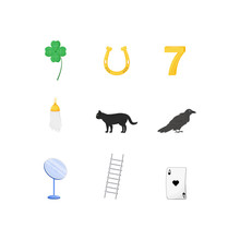 Superstitious Symbols Flat Color Vector Objects Set. Various Good And Bad Luck Signs 2D Isolated Cartoon Illustrations On White Background. Four Leaf Clover, Lucky Seven, Black Cat And Rabbit Foot