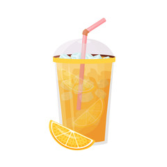 Poster - Orange juice cartoon vector illustration. Iced citrus drink. Beverage in plastic cup with straw. Cold lemonade flat color object. Seasonal summer refreshment isolated on white background