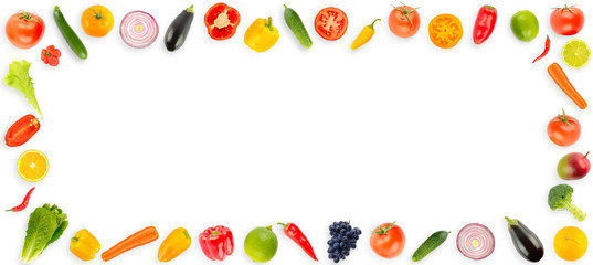 Sticker - Wide frame ripe fresh vegetables and fruits isolated on white. Copy space