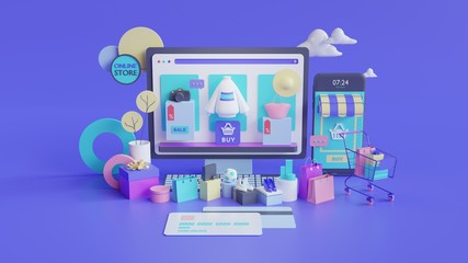 Poster - Shopping on-line. Online store on website or mobile application. 3d rendering background. digital marketing shop concept.