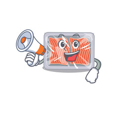 Wall Mural - Cartoon character of frozen salmon having a megaphone